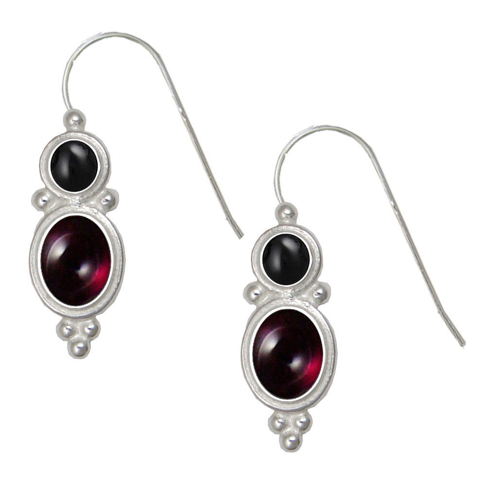 Sterling Silver Drop Dangle Earrings Garnet And Black Onyx